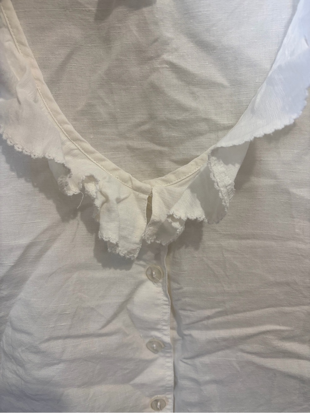 Vintage White Linen Blend Sleeveless Blouse 10 Ruffle Collar Cottagecore - Picture 6 of 7